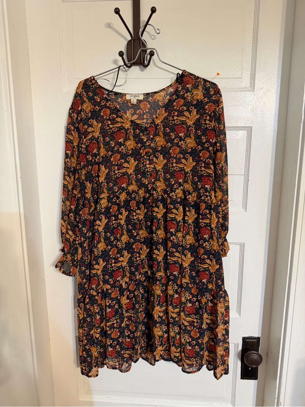 Umgee Black Floral Tiered Long-Sleeve Dress with Rust and Mustard Accents